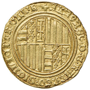 obverse: Napoli. Alfonso I d’Aragona (1442-1458). Sesquiducato o da un ducato e mezzo AV gr. 5,27. P.R. 2. MIR 53. Vall-Llosera i Tarrés 3 (Gaeta). Raro. Bell’esemplare, SPL 