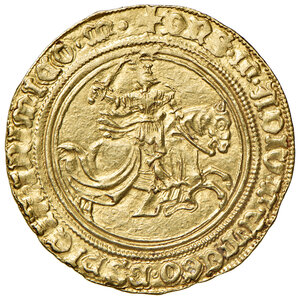 reverse: Napoli. Alfonso I d’Aragona (1442-1458). Sesquiducato o da un ducato e mezzo AV gr. 5,27. P.R. 2. MIR 53. Vall-Llosera i Tarrés 3 (Gaeta). Raro. Bell’esemplare, SPL 