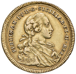 obverse: Napoli. Ferdinando IV di Borbone (1759-1816). I periodo: 1759-1799. Da 6 ducati 1768 (sigle C/R-C) AV gr. 8,80. P.R. 13. MIR 354. Magliocca 197c. Rara. Migliore di BB