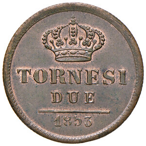 reverse: Napoli. Ferdinando II di Borbone (1830-1859). Da 2 tornesi 1853 CU. Pagani 407a. P.R. 255. MIR 528/9. Magliocca 741. Iridescenze rosse, q.FDC 