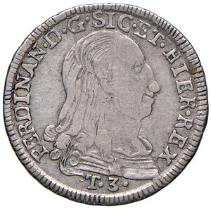 obverse: Palermo. Ferdinando III di Borbone (1759-1816). Da 3 tarì 1796 (Sigle N d’-O V; Nicola d’Orgemont-Vigevi m.d.z., 1793-1798) AG gr. 6,67. Spahr 62. MIR 617/1. Rara. q.BB 