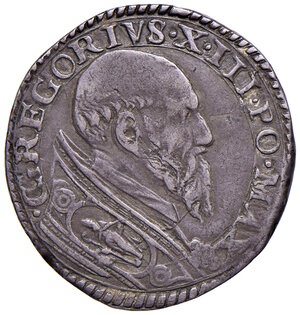obverse: Roma. Gregorio XIII (1572-1585). Testone AG gr. 9,40. Muntoni 60. Berman 1163. MIR 1134/4. Molto raro. Patina di medagliere, buon BB 