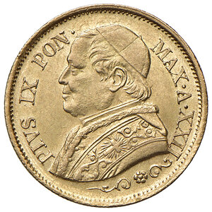 obverse: Roma. Pio IX (1846-1878). Monetazione decimale, 1866-1870. Da 10 lire 1867 anno XXII AV. Pagani 542. MIR 3163/3. Più di SPL 