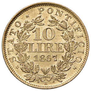 reverse: Roma. Pio IX (1846-1878). Monetazione decimale, 1866-1870. Da 10 lire 1867 anno XXII AV. Pagani 542. MIR 3163/3. Più di SPL 