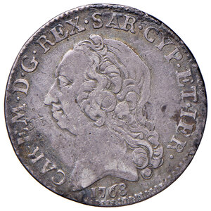 obverse: Savoia. Carlo Emanuele III (1730-1773). Monetazione per la Sardegna. Quarto di scudo sardo nuovo 1768 (Torino) AG gr. 5,62. MIR 960a. BB 