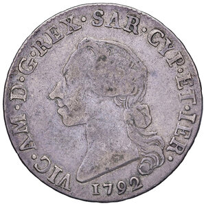 obverse: Savoia. Vittorio Amedeo III (1773-1796). Monetazione per la Sardegna. Mezzo scudo sardo nuovo 1792 (Torino) AG gr. 11,63. MIR 1003c. Molto raro. MB/q.BB 