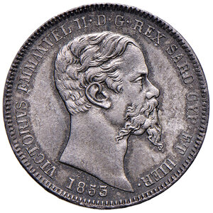obverse: Savoia. Vittorio Emanuele II re di Sardegna (1849-1861). Lira 1853 (Torino) AG. Pagani 406. MIR 1059f. Rara e in stato di conservazione eccezionale, FDC