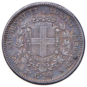 reverse: Savoia. Vittorio Emanuele II re di Sardegna (1849-1861). Da 50 centesimi 1856 (Torino) AG. Pagani 423. MIR 1060f.  Molto rara. Bella patina di medagliere, SPL 