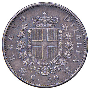 reverse: Savoia. Vittorio Emanuele II re d’Italia (1861-1878). Da 50 centesimi 1862 (Torino) AG. Pagani 524. MIR 1087d. Molto rara. Migliore di SPL