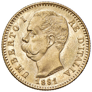obverse: Savoia. Umberto I re d’Italia (1878-1900). Da 20 lire 1891 AV. Pagani 586. MIR 1098p. FDC 