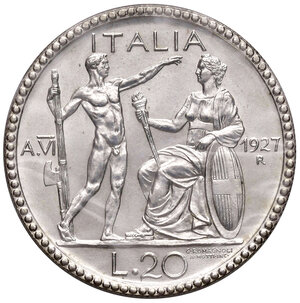 reverse: Savoia. Vittorio Emanuele III re d’Italia (1900-1946). Da 20 lire 1927/VI AG. Pagani 672. MIR 1128b. Periziata Francesco Cavaliere FDC. FDC 