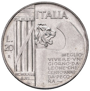 reverse: Savoia. Vittorio Emanuele III re d’Italia (1900-1946). Da 20 lire 1928/VI AG. Pagani 680. MIR 1129a. Colpetto sul bordo del rov., altrimenti migliore di BB 
