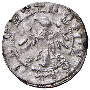 obverse: Merano. Coreggenza di Alberto III e Leopoldo III (1365-1373). Grosso tirolino (Contrassegno: giglio) AG gr. 1,29. CNTM M293. Raro. q.SPL 