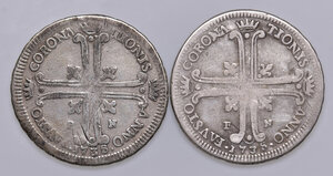 reverse: Regno di Sicilia. Lotto di due monete. Carlo di Borbone (1734-1759). Emissioni per l’incoronazione, 1735. Da 4 tarì 1735 (2) AG. Palermo. MB 