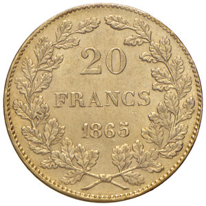 reverse: Belgio. Leopoldo I (1831-1865). Da 20 franchi 1865 (Bruxelles) AV. Friedberg 411. Periziata Raffaele Negrini SPL. SPL 