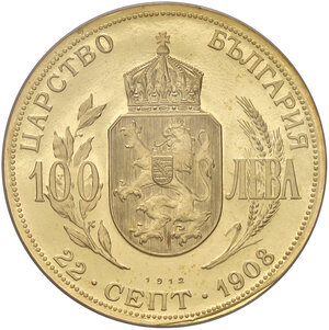 reverse: Bulgaria. Ferdinando I (1887-1918). Da 100 leva 1908 (1912) AV. Friedberg 5. In slab GLOBAL Certification Services PR66CAM. Rara. F.S. 