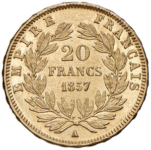 reverse: Francia. Napoleone III (1852-1870). Da 20 franchi 1857 A (Parigi). Gadoury 1061. Friedberg 573. Migliore di SPL 