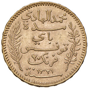 reverse: Tunisia. Muhammad al-Hadi Bey (1906-1922). Da 20 franchi 1903 A (Parigi) AV. Friedberg 12. q.SPL  