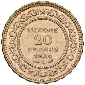 obverse: Tunisia. Muhammad al-Hadi Bey (1906-1922). Da 20 franchi 1904 A (Parigi) AV. Friedberg 12. SPL  