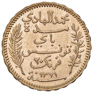 reverse: Tunisia. Muhammad al-Hadi Bey (1906-1922). Da 20 franchi 1904 A (Parigi) AV. Friedberg 12. SPL  