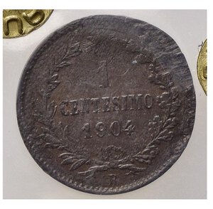 reverse: Italia. Regno D’Italia. Vittorio Emanuele III. 1 Cent. 1904. D/Manca Vittorio. Bordo Ore 5 Schiacciato.NC BB. 