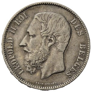 obverse: Belgio. Leopoldo II (1865-1909). AR  5 Franchi 1874. BB