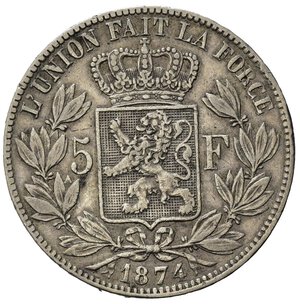 reverse: Belgio. Leopoldo II (1865-1909). AR  5 Franchi 1874. BB