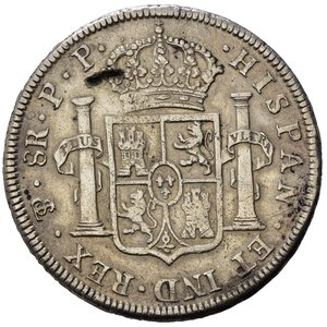 reverse: Bolivia. Carlos IIII (1788-1808), AR 8 reales 1796, Potosi. Mancanza di metallo al R/ altrimenti BB+ 