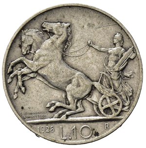 reverse: Italia. Regno D  Italia. Vittorio Emanuele III. (1900-1946). AR 10 Lire 1928 una rosetta. BB+