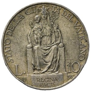 reverse: Stato Pontificio. Città del Vaticano. Pio XI (1929-1938). AR 10 lire 1934. SPL