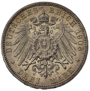 reverse: Germania. Württemberg. Wilhelm II. 1891-1918.AR 3 Marchi 1908 F. SPL+