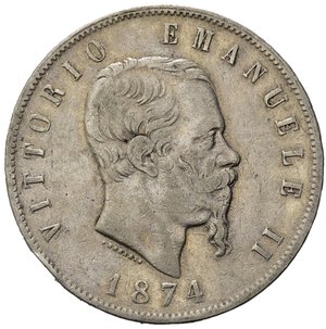 obverse: Italia. Regno D Italia.Vittorio Emanuele II (1861-1878). AR 5 Lire 1874. Colpetto al D. BB