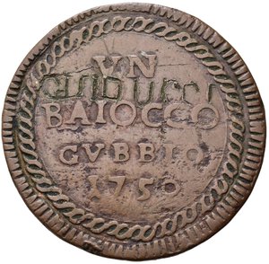 reverse: GUBBIO. Stato Pontificio. Benedetto XIV (1740-1758). Baiocco 1750. Cu (14,03 g). Con interessante incisione coeva 