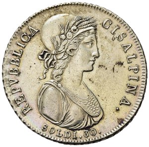 obverse: MILANO. REPUBBLICA CISALPINA (1797-1802). 30 Soldi anno IX (1801) Ag (7,32 g). MIR 478; Crippa 2; CNI 2. SPL+