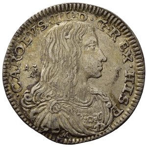 obverse: NAPOLI. Carlo II re di Spagna (1674-1700). Carlino da 10 grana 1687. Ag (2,55 g). Magliocca 38. R2. SPL