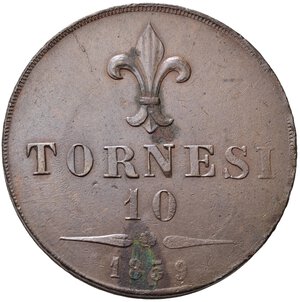 reverse: NAPOLI. Francesco II di Borbone (1859-1860). 10 tornesi 1859 (coniato a Roma, rigature oblique sul contorno da destra a sinistra). Cu. Gig. 4b. SPL