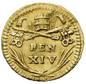 reverse: ROMA. Stato Pontificio. Benedetto XIV (1740-1758). Mezzo Scudo o Quartino. Au (0,90 g). MIR 25/94. BB+