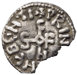 obverse: SALERNO. Siconolfo (839-849). Denaro (1,10 g). Cappelli 3 (var. globetto a sinistra, trinagolo a destra). RRRR. Tondello non integro. qBB