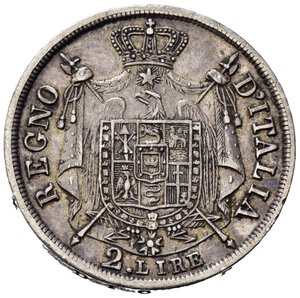 reverse: VENEZIA. Napoleone I Re d Italia (1805-1814). 2 Lire 1813 V su M. Ag. Gig.138a. Raro. BB+/qSPL