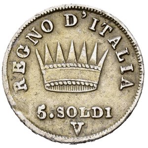 reverse: VENEZIA. Napoleone I Re d Italia (1805-1814). 5 soldi 1812 V. Gig. 193; Montenegro 44. Estremamente raro. RRRR. BB