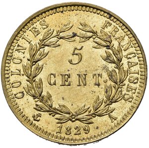reverse: FRANCIA. Colonie Francesi. Carlo X (1824-1830). 5 centimes 1829. Ottone (9,73 g) contorno liscio. Lec. 303 (Coniazione non ufficiale per la Guyana). qFDC