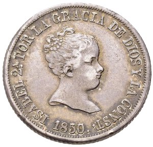 obverse: SPAGNA. Isabella II. 2 Reales 1850 RD. Data 1850 su 1845 Sevilla S. KM#526.2. rara. SPL