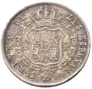 reverse: SPAGNA. Isabella II. 2 Reales 1850 RD. Data 1850 su 1845 Sevilla S. KM#526.2. rara. SPL