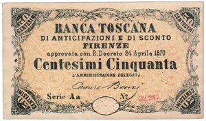 obverse: BANCA TOSCANA - 50 Cent. - R.D. 24/4/1870