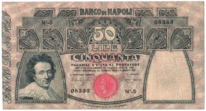 obverse: BANCO DI NAPOLI - 50 Lire - Decreto 31/05/1915.