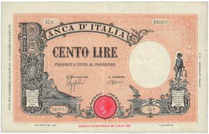 obverse: REGNO - Vittorio Emanuele III - 100 Lire giallo - Decreto 09 dicembre 1942.