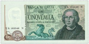 obverse: REPUBBLICA ITALIANA - 5.000 Lire Colombo - Decreto 11/04/1973.