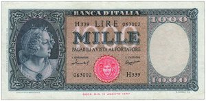 obverse: REPUBBLICA ITALIANA - 1.000 Lire Medusa - Decreto 15/09/1959.