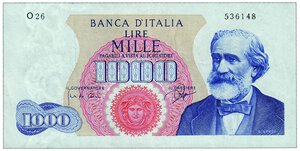 obverse: REPUBBLICA ITALIANA - 1.000 Lire Verdi - Decreto 25/07/1964.