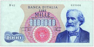 obverse: REPUBBLICA ITALIANA - 1.000 Lire Verdi - Decreto 04/01/1968.